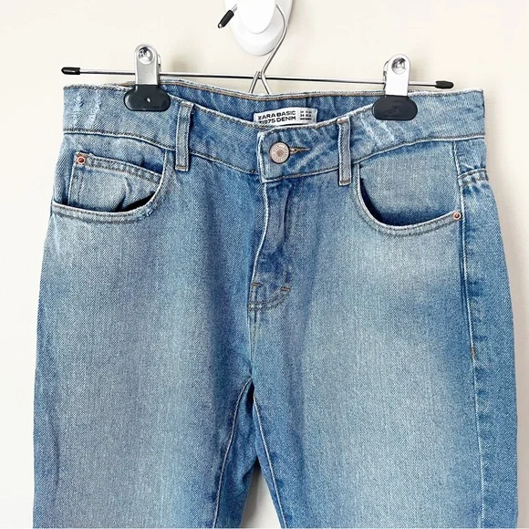 Zara Denim Frill Ruffle Cuff Raw Hem Cropped Jeans Light Wash 2 - Picture 4 of 13